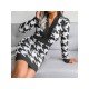 Houndstooth V Neck Long Sleeve Sweater Dress