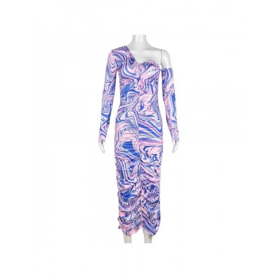 Stylish Printed Ruched Long Sleeve Midi Dress