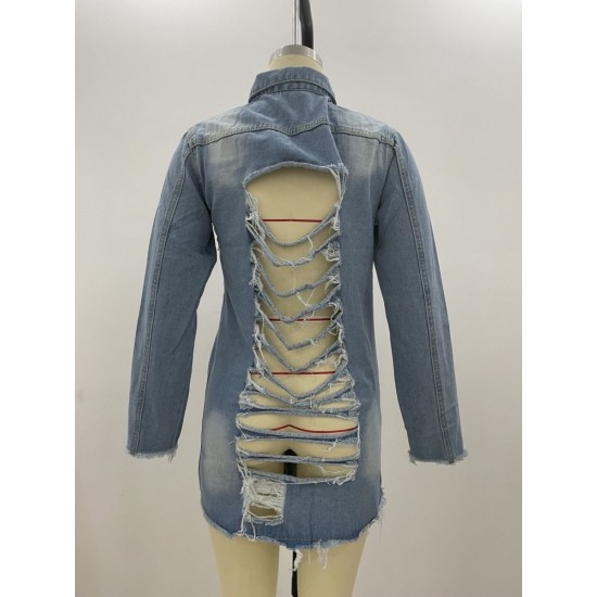  Fashion Denim Ripped Mid-Length Women's Coat