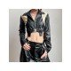 Leather Patchwork Contrast Color Cropped Motorcycle Jackets