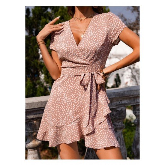 V Neck Summer Printed Ruffles Short Dresses