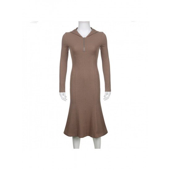 Casual Hooded Collar Solid Long Sleeve Midi Dresses