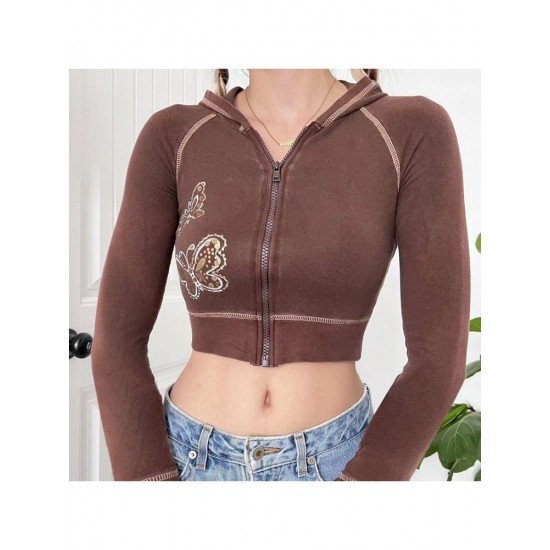  Butterfly Pattern Hooded Cropped Zip Tops