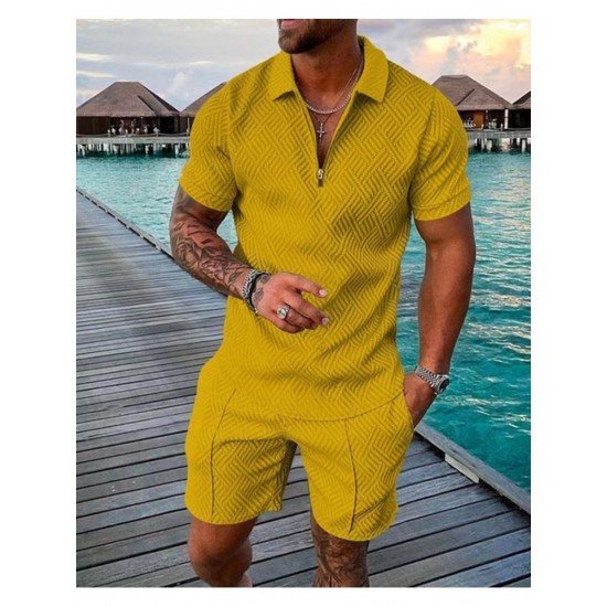  Men's Casual Pure Color Polo Shirt And Shorts Sets