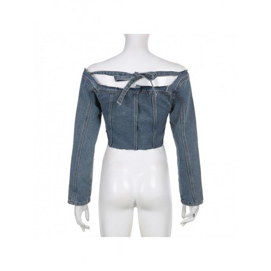 Designer Square Neck Blue Denim Cropped Jackets