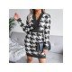 Houndstooth V Neck Long Sleeve Sweater Dress