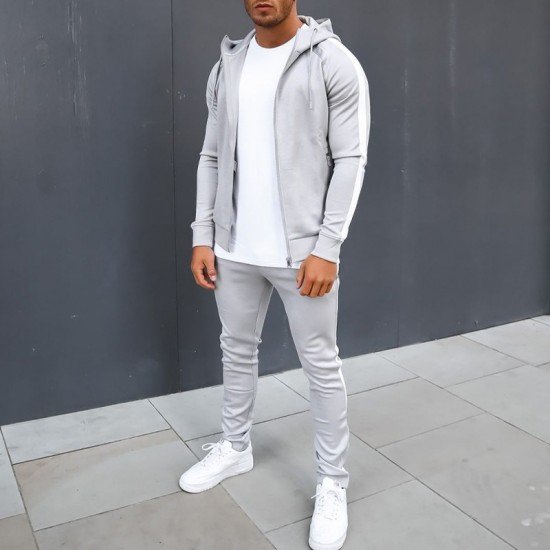  Men's Leisure Sports Hooded Zipper Two-Piece Set