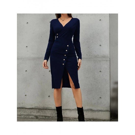 Casual V Neck Long Sleeve Knee Length Dress