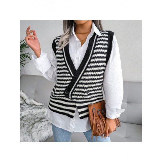 Striped V Neck Sleeveless Sweater Coats