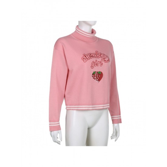 Cute Strawberry Embroidery Turtle Neck Sweaters