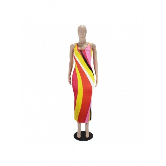 Color Blocking Low Cut Sleeveless Maxi Dresses