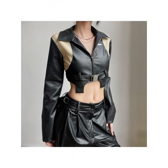 Leather Patchwork Contrast Color Cropped Motorcycle Jackets