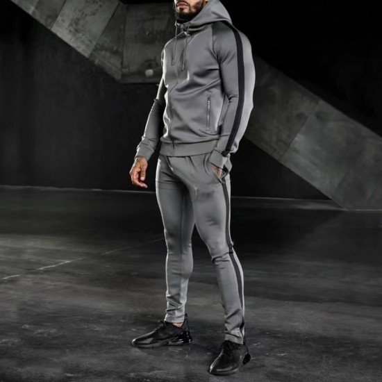  Men's Leisure Sports Hooded Zipper Two-Piece Set