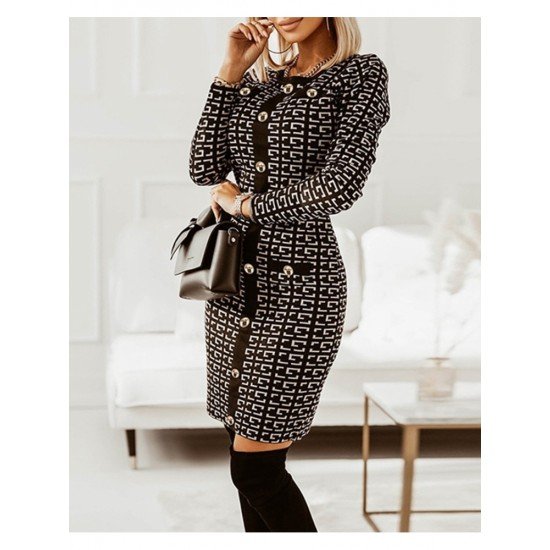  Temperament Geometric Pattern Women's Long Sleeve Dress