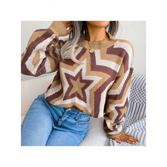 Contrast Color Star Pullover Sweaters For Women