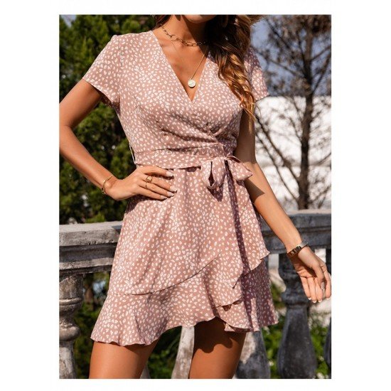 V Neck Summer Printed Ruffles Short Dresses