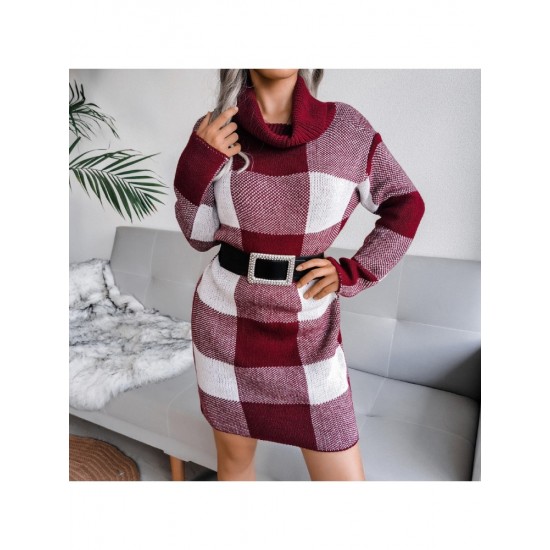  Casual Turtleneck Plaid Knitted Women's Dress