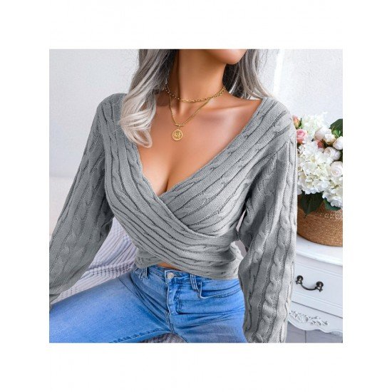 Sexy V Neck Solid Long Sleeve Cropped Sweaters