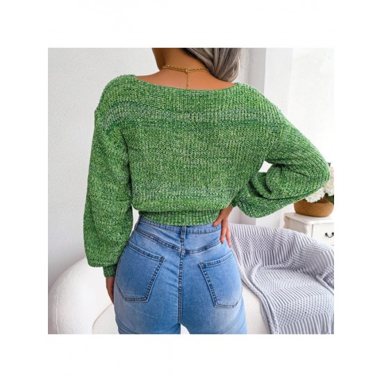 Spring V Neck Lantern Sleeve Cropped Sweaters