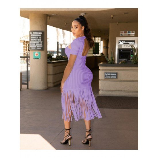 Backless Cut Out Tassel Short Sleeve Midi Dress