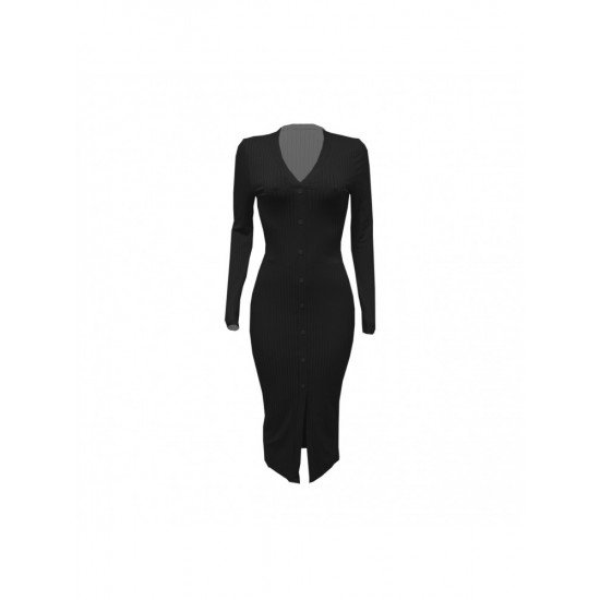  Slim V Neck Pure Color Split Women's Dress