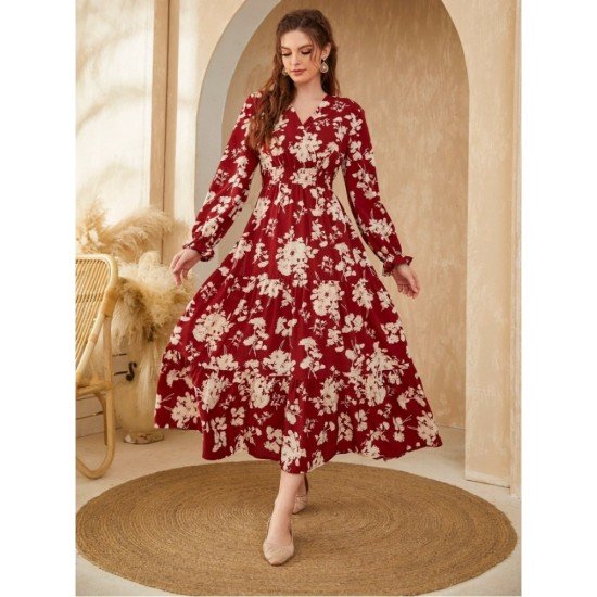 Printed V Neck Puff Sleeve Vacation Dress