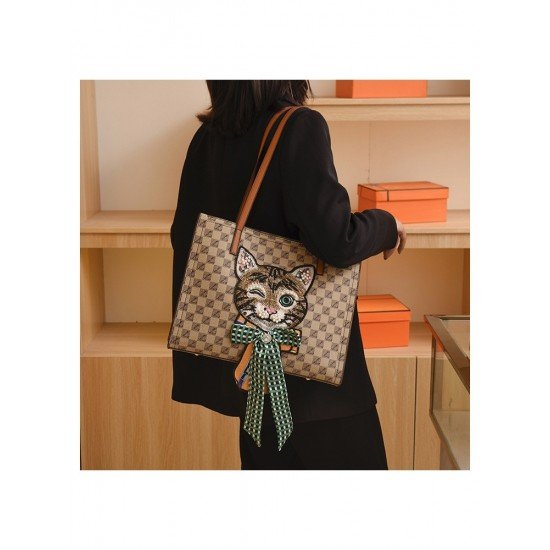 Cute Grid Cat Pattern Bow Tote Bags