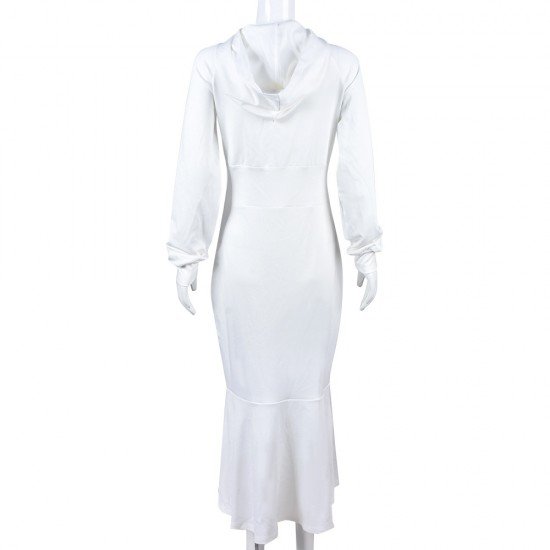 Casual White Ruffle Hooded Collar Maxi Dress