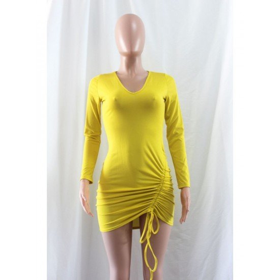 V Neck Ruched Solid Long Sleeve Mini Dress