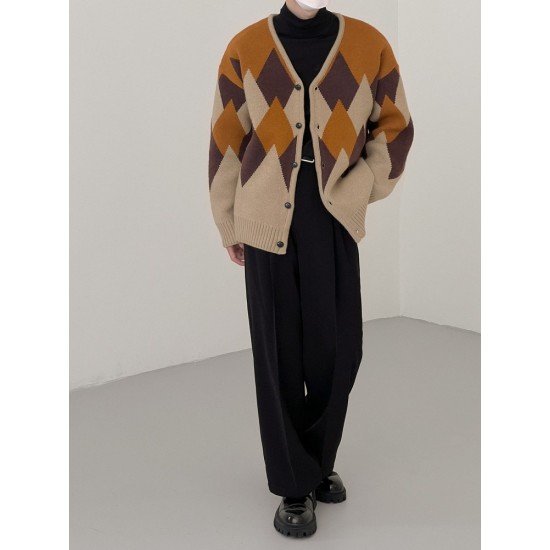  Rhombus Lattice Color Blocking Vintage Cardigan For Men