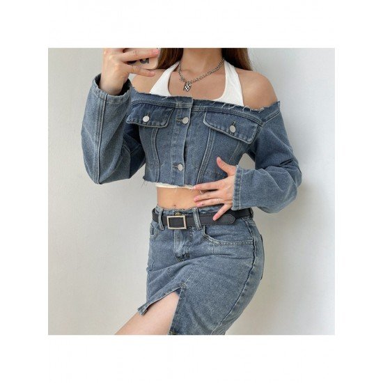 Designer Square Neck Blue Denim Cropped Jackets