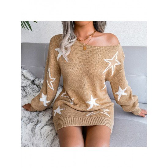 Star Pattern Long Sleeve Women Sweater Dress