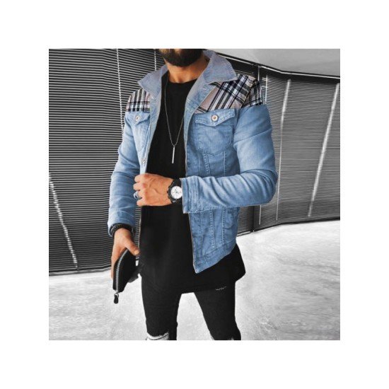 Plaid Patchwork Denim Jackets For Men