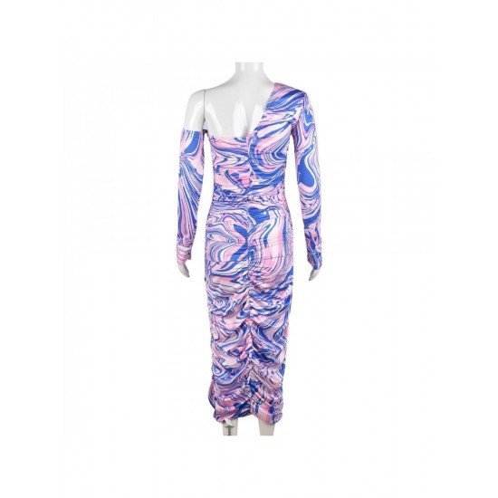 Stylish Printed Ruched Long Sleeve Midi Dress