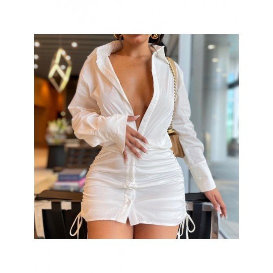 Sexy White Ruched Long Sleeve Mini Shirt Dress