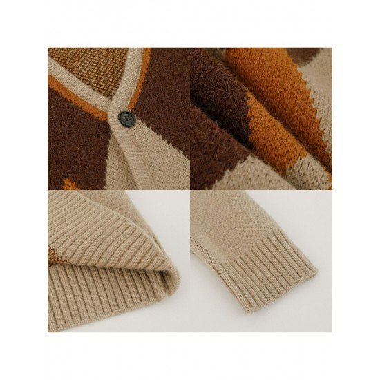  Rhombus Lattice Color Blocking Vintage Cardigan For Men