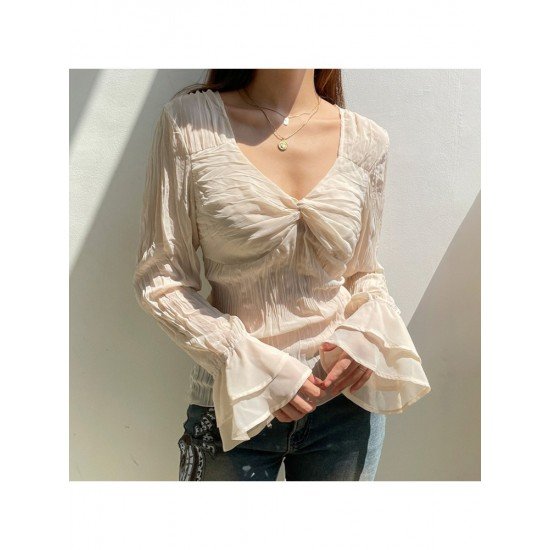 Ladies Chiffon V Neck Ruched Flare Sleeve Tops