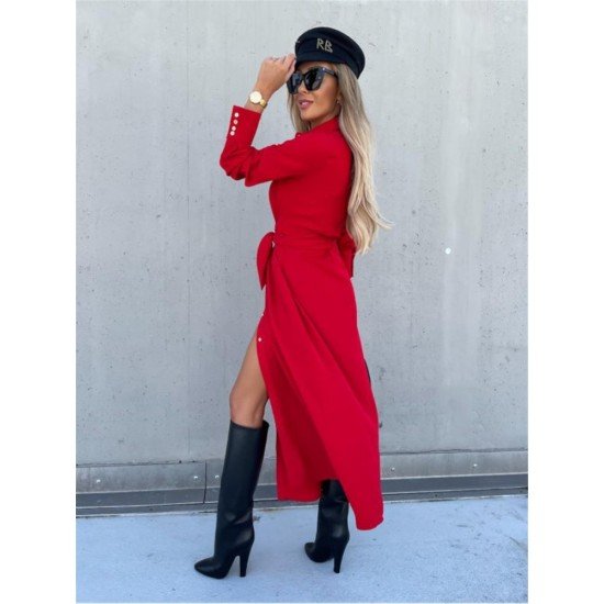  Pure Color Split Long Sleeve Dress