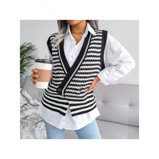 Striped V Neck Sleeveless Sweater Coats