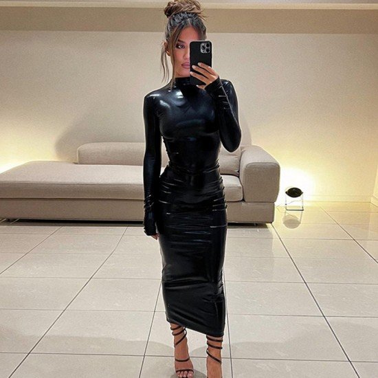 Latest Black PU Leather Long Sleeve Dresses