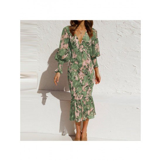  Vacation V-Neck Floral Fishtail Midi Dress