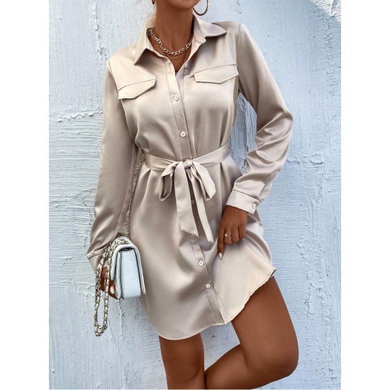 Pure Color Long Sleeve Fall Shirt Dress