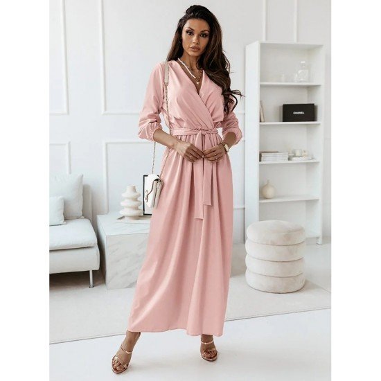  Temperament V Neck Pure Color Long Dress