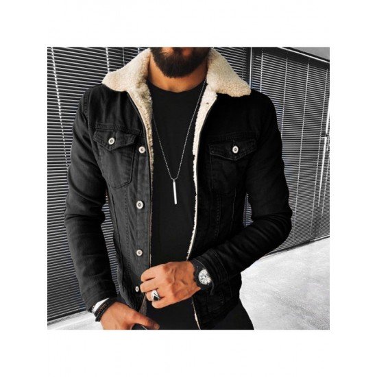 Winter Black Solid Men Denim Coats