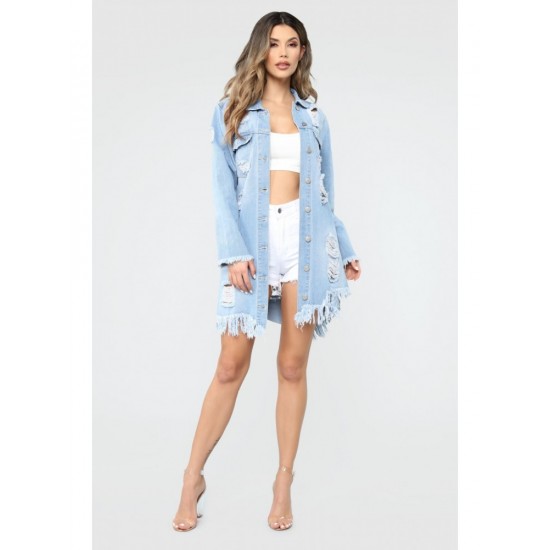  Fashion Denim Ripped Mid-Length Women's Coat