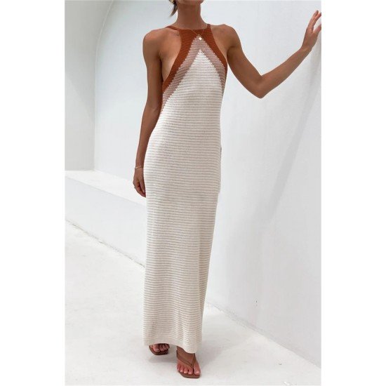  Summer Backless Sleeveless Contrast Color Knitted Dress