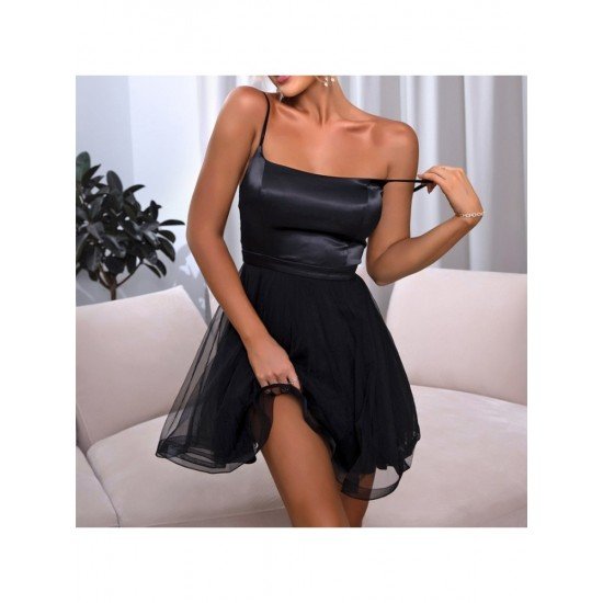 Ladies Black Square Neck Spaghetti Straps Puffy Dress