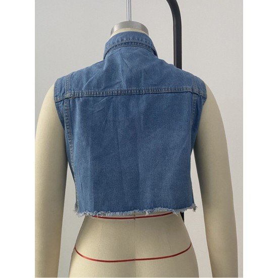 Faux-Pearls Rhinestone Sleeveless Denim Jackets For Women