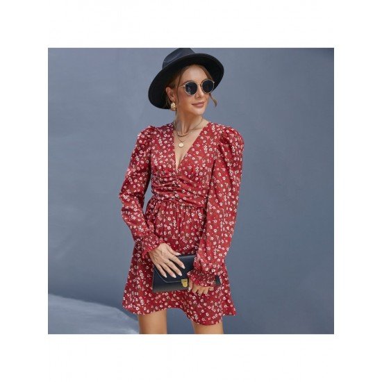 Red Floral Puff Sleeve V Neck Short Dress