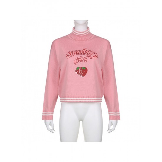 Cute Strawberry Embroidery Turtle Neck Sweaters